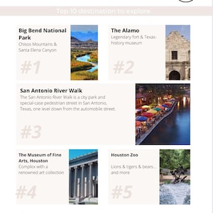 May include: A white and pink flyer with the title "A Local Guide" and a list of the top 10 destinations to explore in Texas. The flyer includes photos of each destination, such as Big Bend National Park, The Alamo, San Antonio River Walk, The Museum of Fine Arts, Houston, and Houston Zoo. The flyer also includes contact information for a real estate agent.