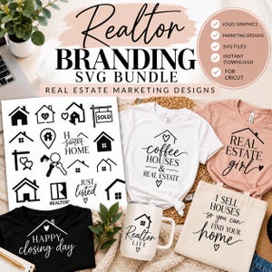 May include: A digital design bundle for real estate professionals featuring black graphic icons of houses, keys, and text like Realtor Branding SVG Bundle, Coffee Houses & Real Estate, Real Estate Girl, Happy Closing Day, and I Sell Houses.