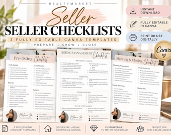 May include: Three digital real estate seller checklists titled Pre-listing, Listing Management, and Showing & Closing. The templates feature black text on white backgrounds with pink accents, checkboxes, and space for contact information and photos.