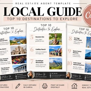 May include: A real estate agent template titled Local Guide Top 10 Destinations to Explore, featuring three white pages with numbered lists, photographs of landmarks, and a section for contact information including a name and phone number.