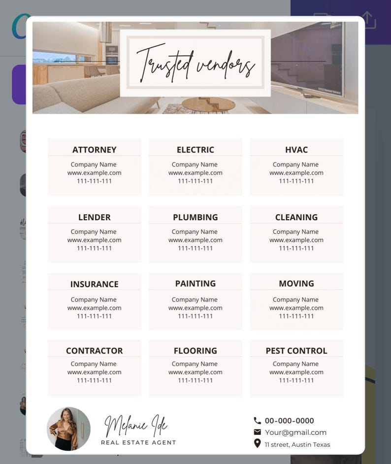 May include: A white and beige graphic with the text "Trusted Vendors" at the top. The graphic lists various services with company names, website addresses, and phone numbers. The services include Attorney, Electric, HVAC, Lender, Plumbing, Cleaning, Insurance, Painting, Moving, Contractor, Flooring, and Pest Control.