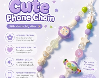 Handmade Clay Phone Chain with Character Charms – Unique Beaded Accessory