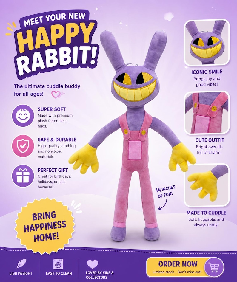May include: A purple plush rabbit toy with long ears, yellow hands, and a wide yellow grin. It wears pink overalls with yellow buttons. The text on the image includes 'MEET YOUR NEW HAPPY RABBIT!', '14 INCHES OF FUN!', and 'BRING HAPPINESS HOME!'