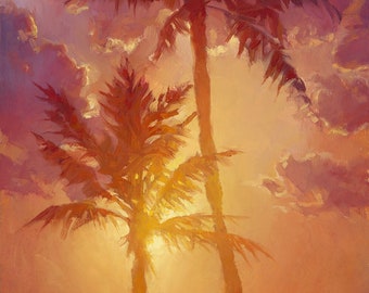 Tropical Palm Tree Wall Art Print of Hawaiian Sunset Painting With Vibrant Colors