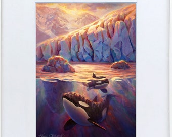 Framed Orca Whale Wall Art Print with Glacier and Mountain Alaska Landscape Painting