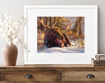 Bull Moose Wall Art Painting of Winter Wildlife Artwork in Warm Neutral Colors for Alaska Themed Rustic Farmhouse Home Decor