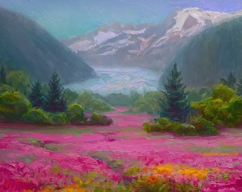 Alaska Art Print Mendenhall Glacier, Juneau Alaska Scenery, Mountain Wall Art, Landscape Painting of Fireweed Wildflower Meadow