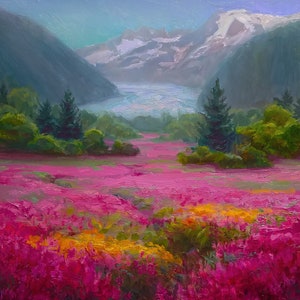 Alaska Art Print Mendenhall Glacier, Juneau Alaska Scenery, Mountain Wall Art, Landscape Painting of Fireweed Wildflower Meadow