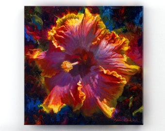 Large Tropical Flower Painting, Hibiscus Canvas Wall Art Print, Hawaiian Floral Painting, Maximalist Tropical Art