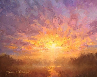 Large Sunrise Painting Wall Art Print of Warm Yellow, Orange, and Purple Colors, with Clouds, Sky, and a Peaceful Landscape Scene