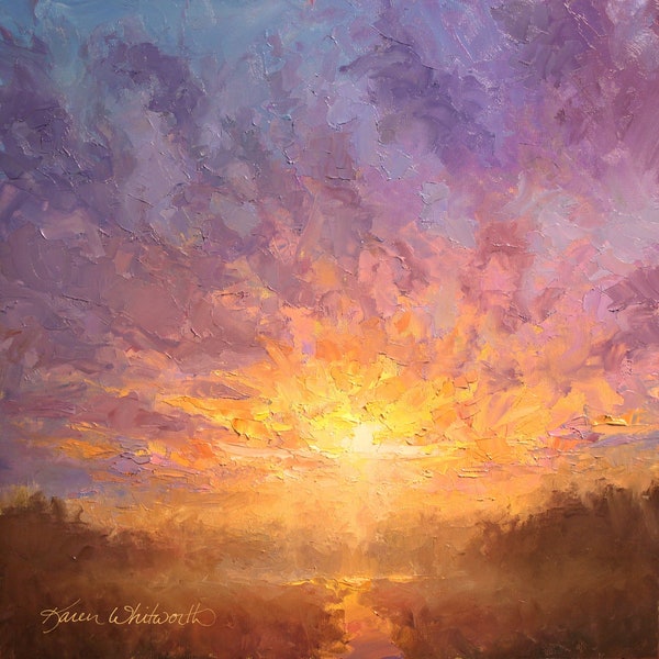 Grande impression d’art mural de peinture de lever de soleil de couleurs jaune chaud, orange et violet, avec des nuages, du ciel et une scène de paysage paisible