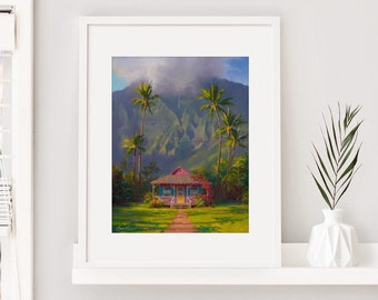 Framed Hawaii Painting Art Print of Kauai Landscape with Hanalei Cottage with Tropical Hawaiian Scenery Wall Art