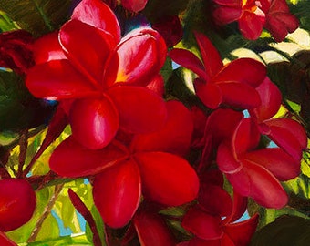 Impression murale de fleurs hawaïennes rouges - Peinture florale tropicale d’Hawaï de plumeria Tree Blossoms