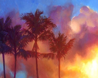Sunrise Fine Art Wall Print Of Karen's Original "Joy Comes In The Morning" Oil Painting - Hawaii Palm Trees -Inspirational Uplifting Artwork