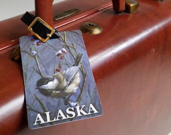 Alaska Bird Luggage Tags - Alaskan Cruise Travel Accessory Stocking Stuffer Ornament with Chickadee Bird