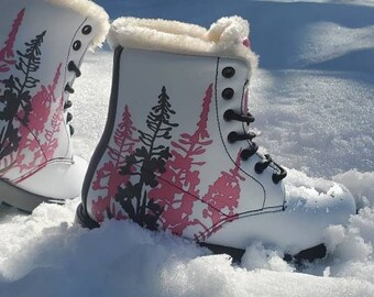 Women's Wildflower Boots - LAST PAIR - Pink and Black Faux Fur Lined Fireweed Flower Shoes for Adults
