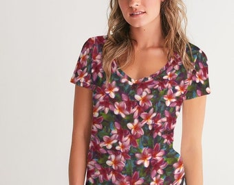 Women's Tropical Print V-Neck Tee With Hawaiian Floral Plumeria Flowers Design on a Fitted Short Sleeve Ladies Shirt