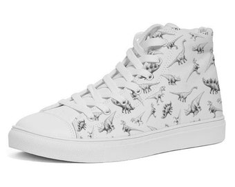 Adult Dino High Top Sneakers For Women With 5 Different Dinosaurs on a Classic Rubber Sole Canvas Shoe