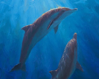 Dolphin Wall Art Print of Underwater Painting of Two Spinner Dolphins in a Beautiful Artwork of Whales