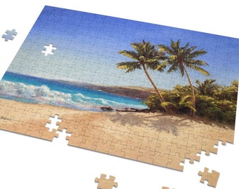 Beach Jigsaw Puzzle With 1000, 500, or 252 Pieces Featuring Hawaiian Palm Tree Landscape, Golden Sand, And Turquoise Waves