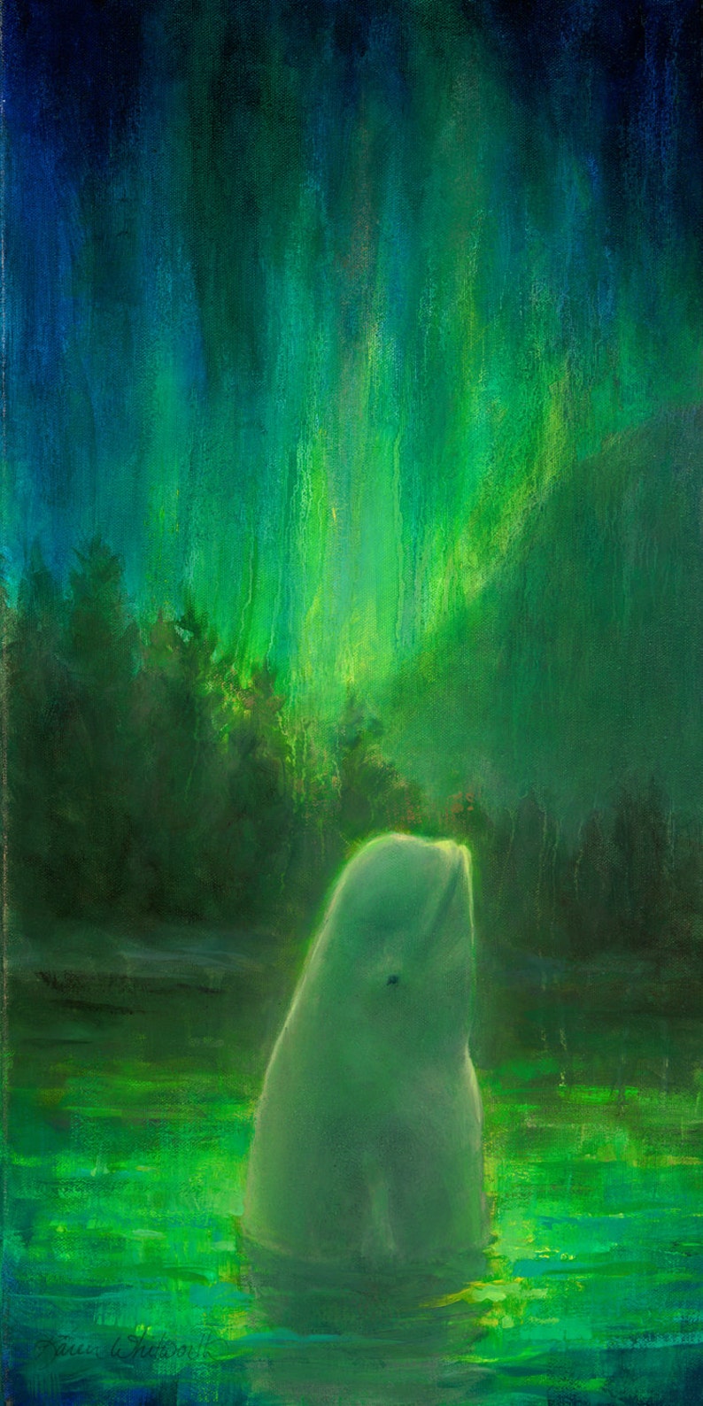 Coussin baleine Beluga avec vert aurore boréale par Karen Etsy