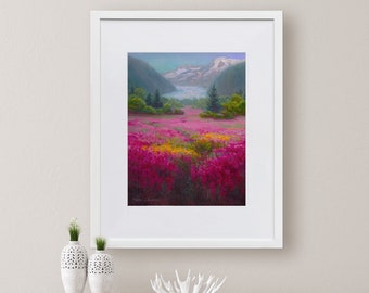 Enmarcado Alaska Art Glacier Landscape Wall Art Print de Mendenhall Glacier y Fireweed Flowers en Juneau Alaska