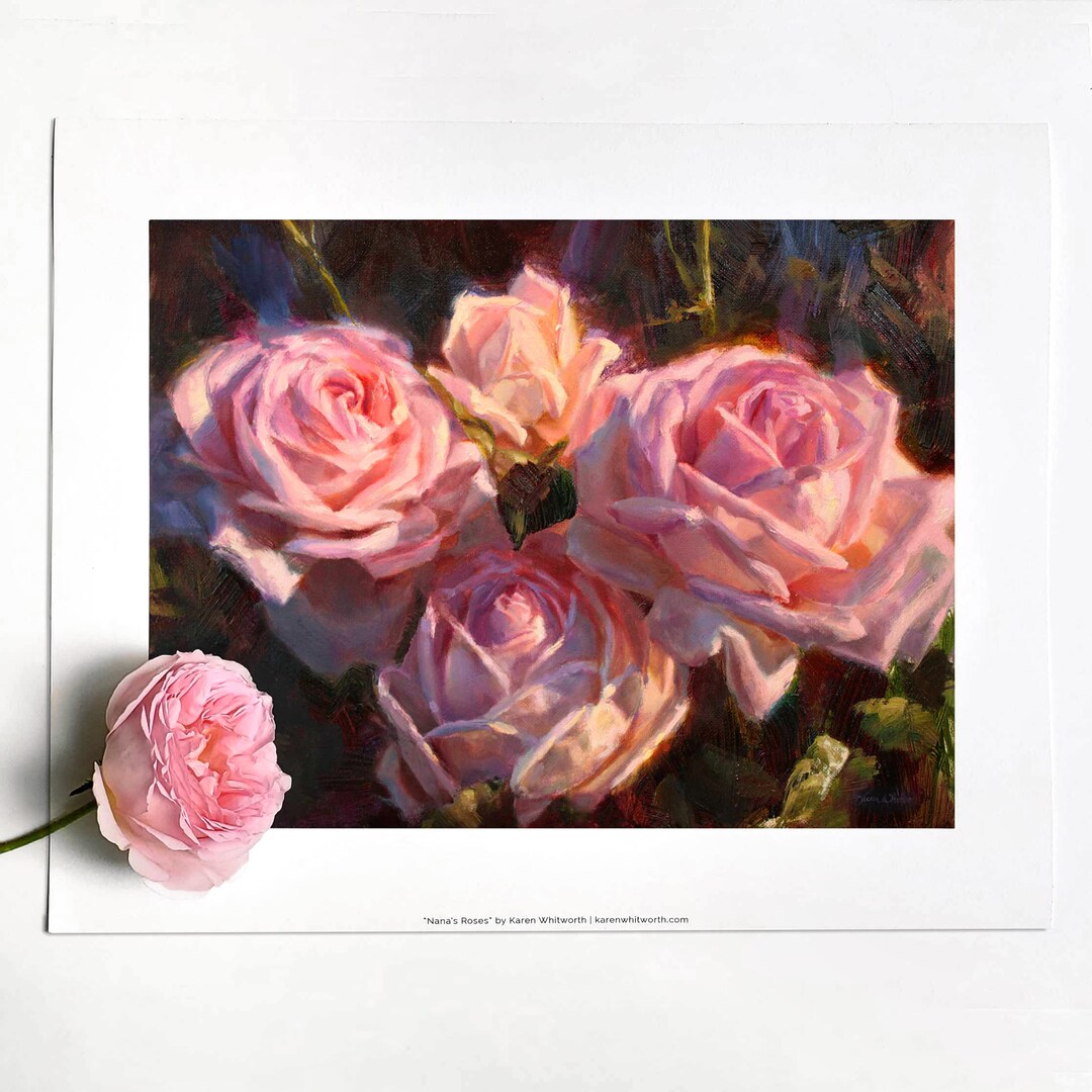 Pink Dusty Rose Wall Art Print of English Roses Floral Painting Garden