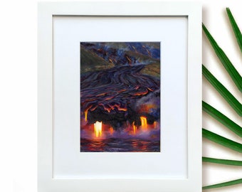 Framed Kilauea Volcano Art Print of Hawaii Landscape Painting with Ocean Entry Volcanic Eruption on the Big Island