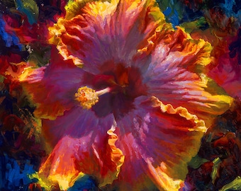 Hibiscus Flower Wall Art Print - Tropical Floral Painting Of Colorful Hawaiian Flower