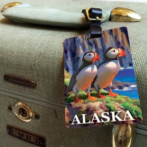Alaska Luggage Tag - Alaskan Cruise Travel Puffin Gift Idea - Vacation Traveller Accessory - Coastal Bird Art Cruise Stocking Stuffer