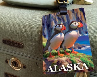 Alaska Luggage Tag - Alaskan Cruise Travel Puffin Gift Idea - Vacation Traveller Accessory - Coastal Bird Art Cruise Stocking Stuffer