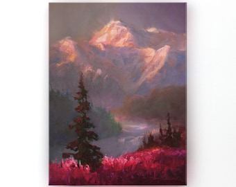 Alaskan Wall Art Canvas, Denali Painting, Fireweed Wildflower Painting, Mountain Wall Art for Living Room, Alaska Mountain Painting