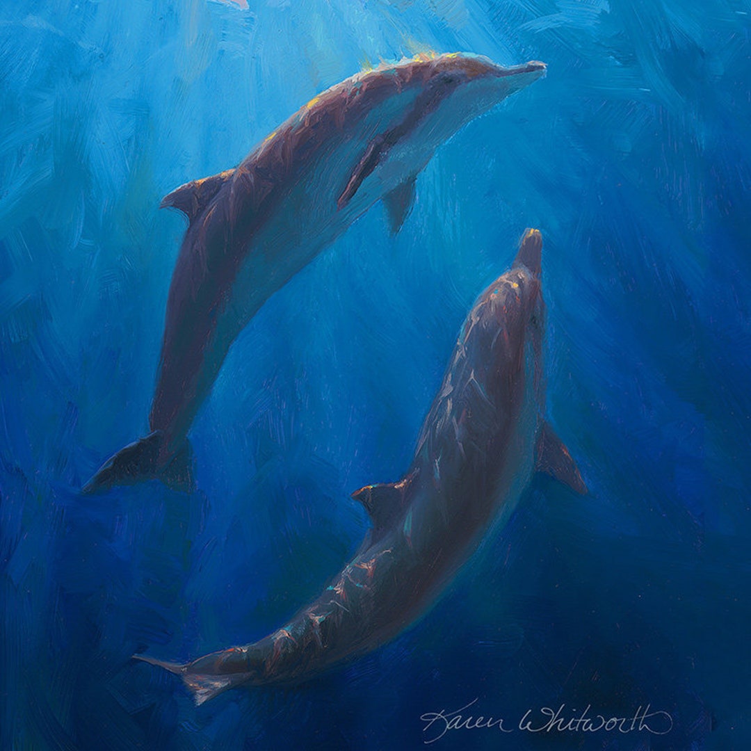 Dolphin Wall Art Print of Underwater Painting of Two Spinner Dolphins in a Beautiful Artwork of Whales Etsy UK