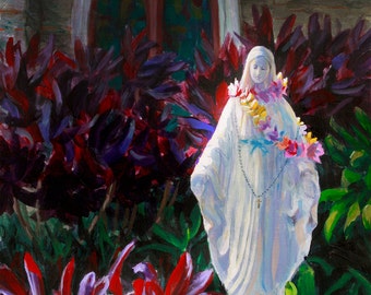 Statue of Mary Catholic Wall Art Print of Holy Virgin Mother Madonna - Holy Rosary Church from Maui Hawaii in a Religious Painting