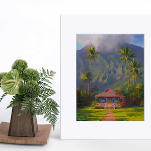 5x7 Hawaii Art Print Kauai Landscape Painting with Hanalei Cottage a Tropical Hawaii Wall Art Painting