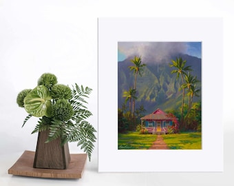 5x7 Hawaii Art Print Kauai Landscape Painting with Hanalei Cottage a Tropical Hawaii Wall Art Painting