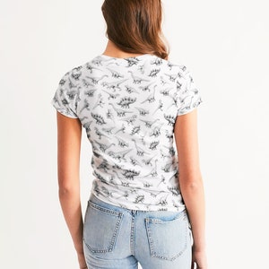 Adult Dinosaur Shirt With Short Sleeves On A White Women's Tee With Dino Art Pattern