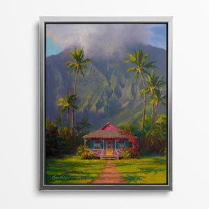 Hawaii Art Painting, Tropical Wall Art Canvas, Kauai Art Large Landscape Painting, Hanalei Kauai Painting, Big Hawaii Canvas, Hawaii Decor Silver Float Frame