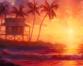 Hawaiian Beach Sunset Painting With Warm Colors on a Tropical Paper Wall Art Print