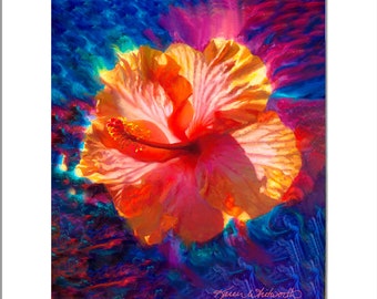 Hawaiian Hibiscus Flower Wall Art Print - Tropical Painting of Exotic Flowers in Loose and Matted Paper Prints Ready to Frame