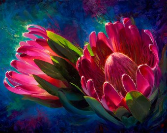 Hawaii Protea Flower Wall Art Print - Tropical Painting of Beautiful Pink Hawaiian Flowers 8x12 Inches