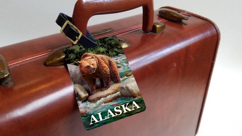 Brown Bear Alaska Luggage Tag, Alaska Cruise, Alaskan Souvenir Alaska Travel Gift Ideas, Grizzly Bear Luggage Tag with Leather Buckle image 3