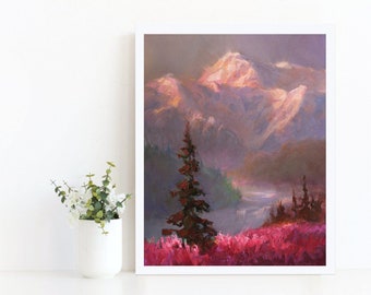 Alaskan Landscape Wall Art Print of Denali and Wildflowers at Sunset in a Mountain Scenery Painting