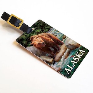 Brown Bear Alaska Luggage Tag, Alaska Cruise, Alaskan Souvenir Alaska Travel Gift Ideas, Grizzly Bear Luggage Tag with Leather Buckle image 1