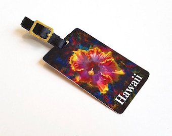 Hawaii Luggage Tag - Travel Vacation Gift Idea - Rainbow Hibiscus Painting - Hawaiian Cruise Traveler Accessory Gifts Tags