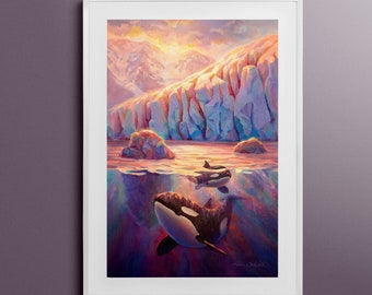 Orca Whale Painting, Killer Whale Wall Art Print, Framed Alaskan Art, Glacier Landscape Art, Coastal Art, Sunrise Painting for Living Room