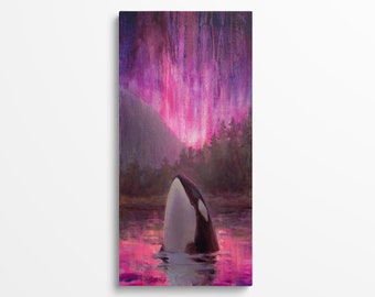 LARGE Orca Whale Painting on Canvas, Orca Wall Art Print Pink Aurora Canvas, Vertical Wall Art Canvas Ocean Nature, Narrow Whale Painting