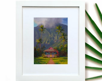 Framed Hawaii Art Print Kauai Landscape Painting with Hanalei Cottage a Tropical Hawaii Wall Art Painting
