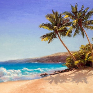 Hawaii Beach Wall Art Print - Hawaiian Big Island Landscape Painting With Palm Trees, Ocean, And Tropical Sunshine