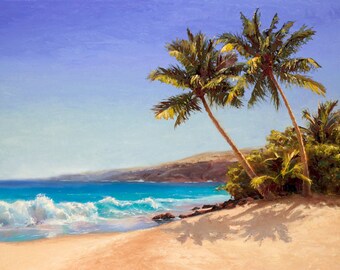 Hawaii Beach Wall Art Print - Hawaiian Big Island Landscape Painting With Palm Trees, Ocean, And Tropical Sunshine